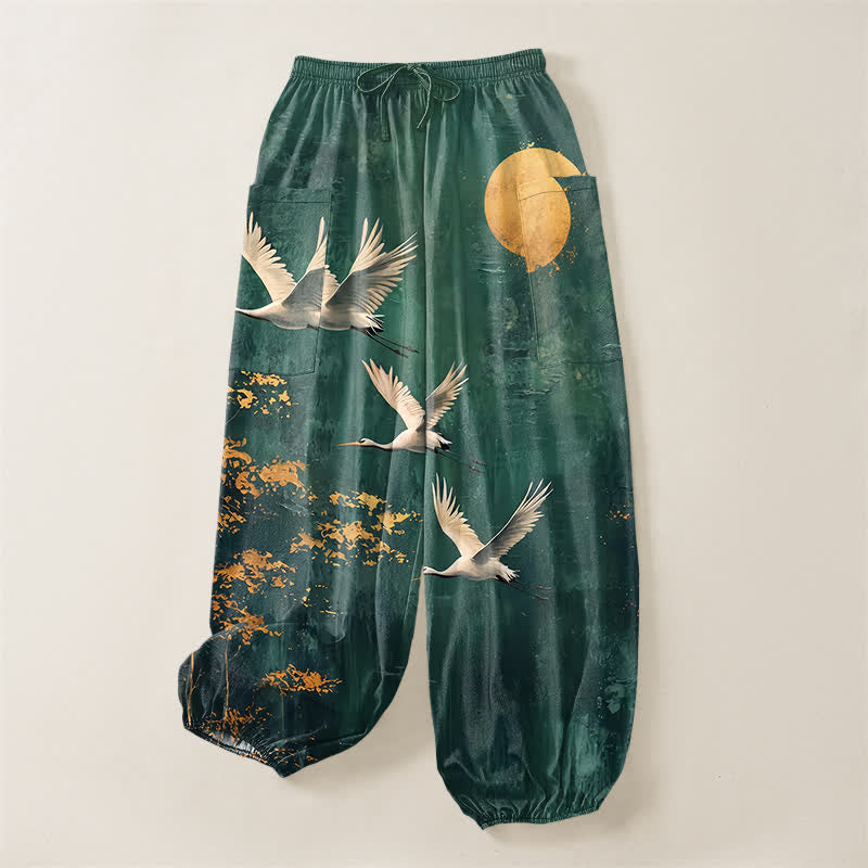 Buddha Stones Cotton Oriental Crane Moon Pattern Women's Elastic Waist Harem Pants With Side Pockets - image 3