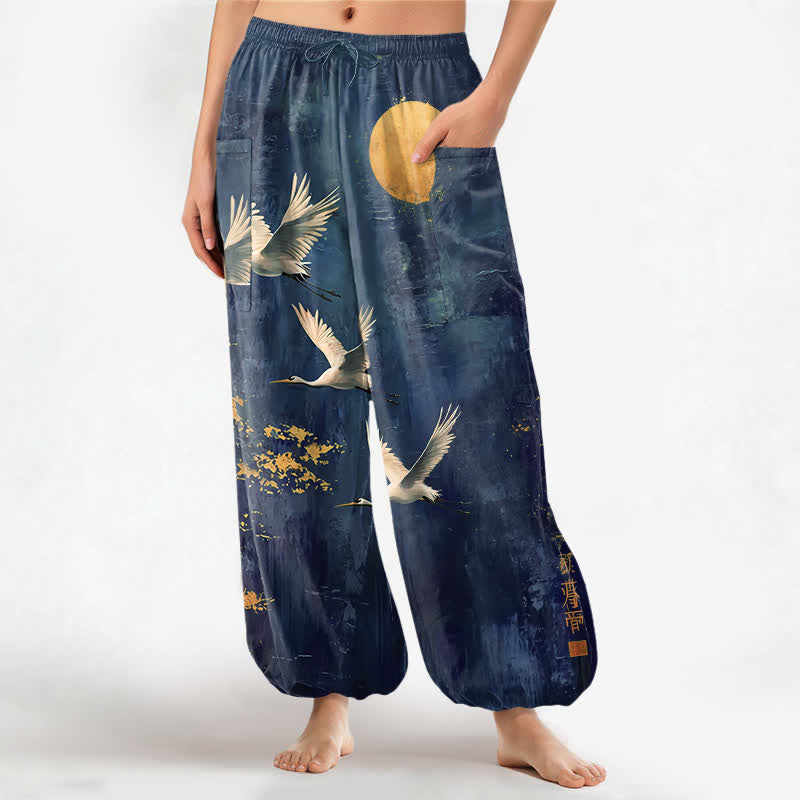 Buddha Stones Cotton Oriental Crane Moon Pattern Women's Elastic Waist Harem Pants With Side Pockets - Navy - US16，UK/AU20，EU48 (3XL) - image 7