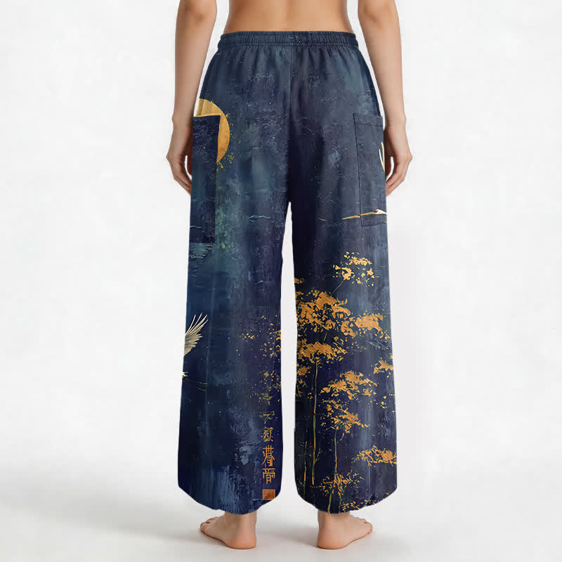 Buddha Stones Cotton Oriental Crane Moon Pattern Women's Elastic Waist Harem Pants With Side Pockets - image 9