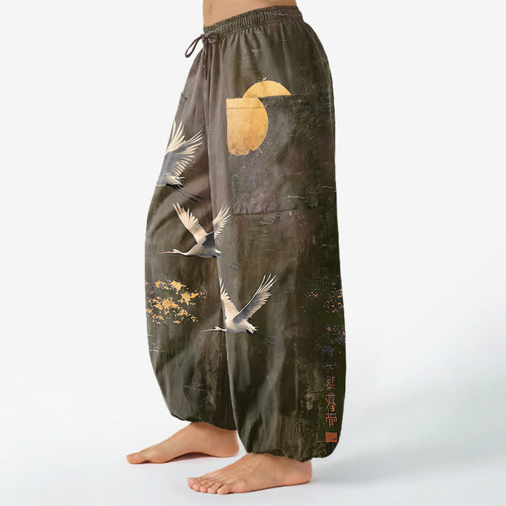 Buddha Stones Cotton Oriental Crane Moon Pattern Women's Elastic Waist Harem Pants With Side Pockets - image 11