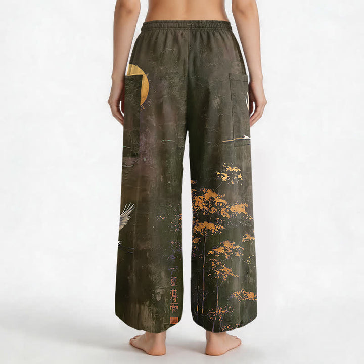 Buddha Stones Cotton Oriental Crane Moon Pattern Women's Elastic Waist Harem Pants With Side Pockets - image 12