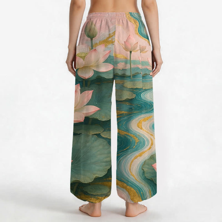 Buddha Stones Cotton Lotus Pond Ink Wash Pattern Women's Elastic Waist Harem Pants With Side Pockets - image 2