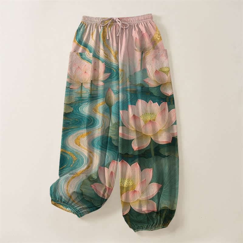 Buddha Stones Cotton Lotus Pond Ink Wash Pattern Women's Elastic Waist Harem Pants With Side Pockets - image 3