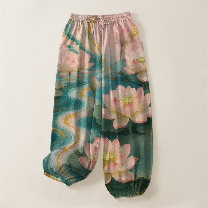 Buddha Stones Cotton Lotus Pond Ink Wash Pattern Women's Elastic Waist Harem Pants With Side Pockets - image 3