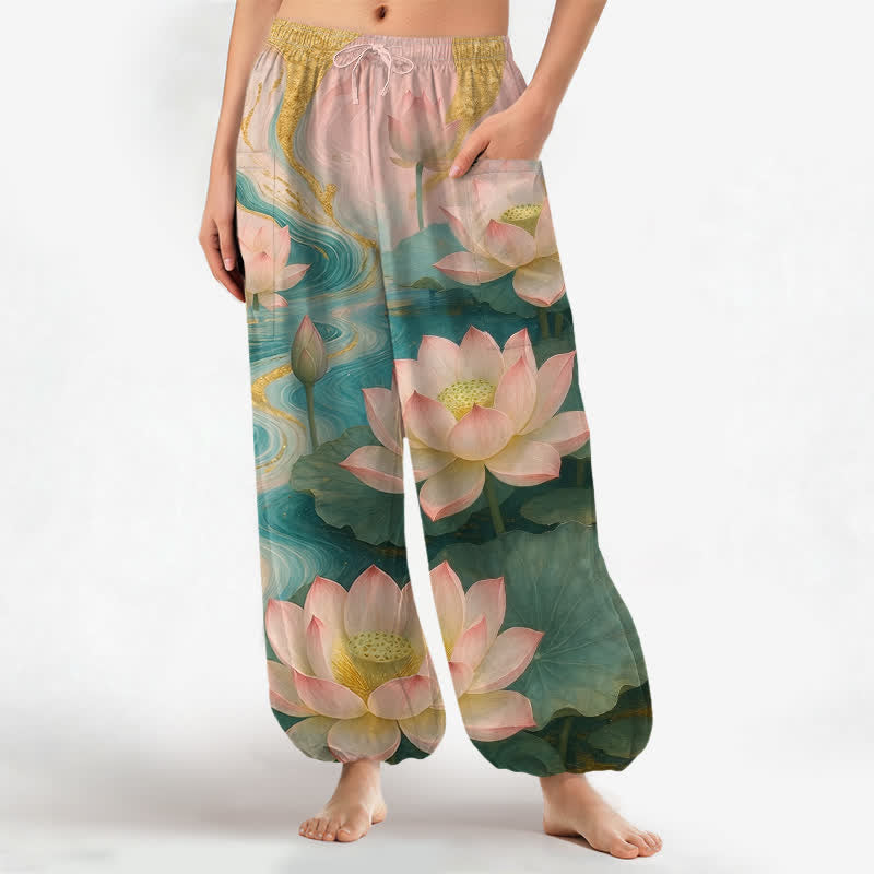 Buddha Stones Cotton Lotus Pond Ink Wash Pattern Women's Elastic Waist Harem Pants With Side Pockets - MediumSeaGreen - US16，UK/AU20，EU48 (3XL) - image 0