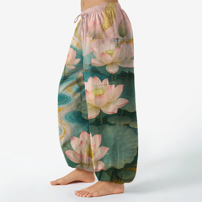Buddha Stones Cotton Lotus Pond Ink Wash Pattern Women's Elastic Waist Harem Pants With Side Pockets - image 1