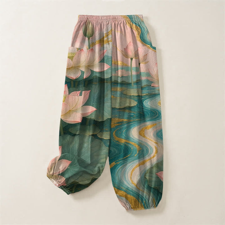 Buddha Stones Cotton Lotus Pond Ink Wash Pattern Women's Elastic Waist Harem Pants With Side Pockets - image 4