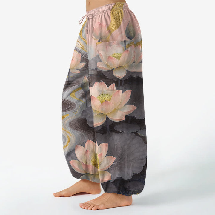 Buddha Stones Cotton Lotus Pond Ink Wash Pattern Women's Elastic Waist Harem Pants With Side Pockets - image 8