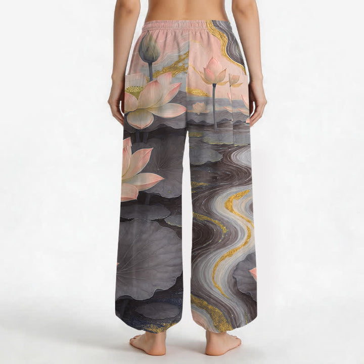 Buddha Stones Cotton Lotus Pond Ink Wash Pattern Women's Elastic Waist Harem Pants With Side Pockets - image 9