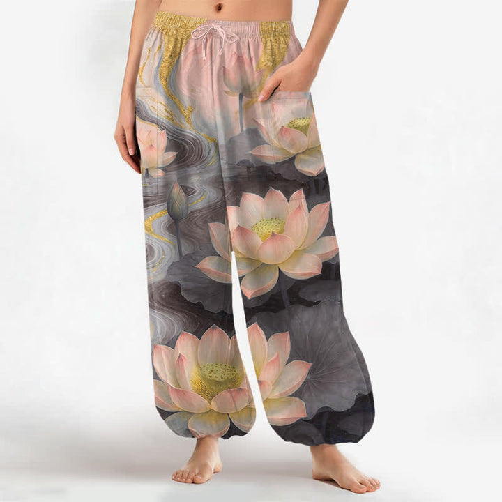 Buddha Stones Cotton Lotus Pond Ink Wash Pattern Women's Elastic Waist Harem Pants With Side Pockets - DimGray - US16，UK/AU20，EU48 (3XL) - image 7