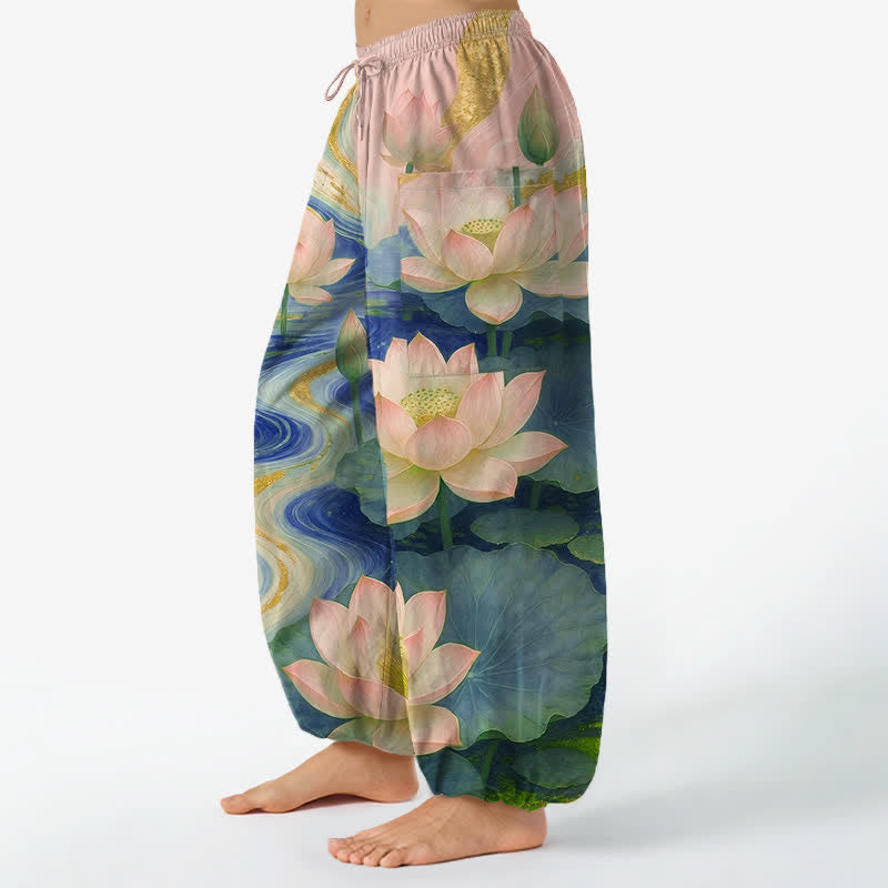 Buddha Stones Cotton Lotus Pond Ink Wash Pattern Women's Elastic Waist Harem Pants With Side Pockets - image 11