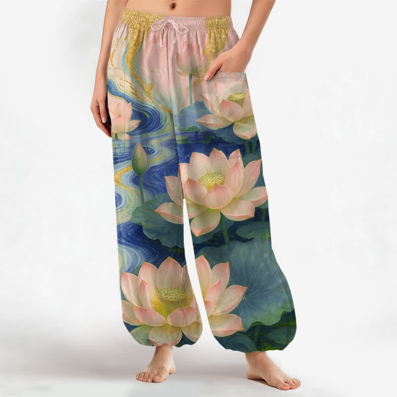 Buddha Stones Cotton Lotus Pond Ink Wash Pattern Women's Elastic Waist Harem Pants With Side Pockets - SteelBlue - US16，UK/AU20，EU48 (3XL) - image 10