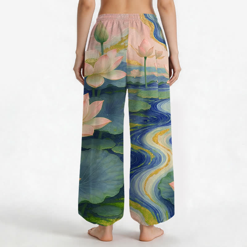 Buddha Stones Cotton Lotus Pond Ink Wash Pattern Women's Elastic Waist Harem Pants With Side Pockets - image 12