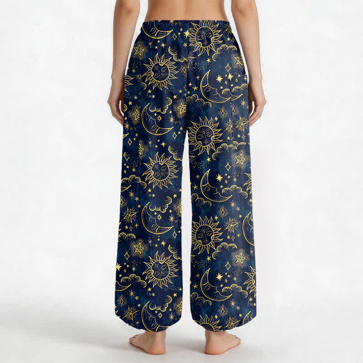 Buddha Stones Cotton Celestial Sun Moon Star Pattern Women's Elastic Waist Harem Pants With Side Pockets - image 2