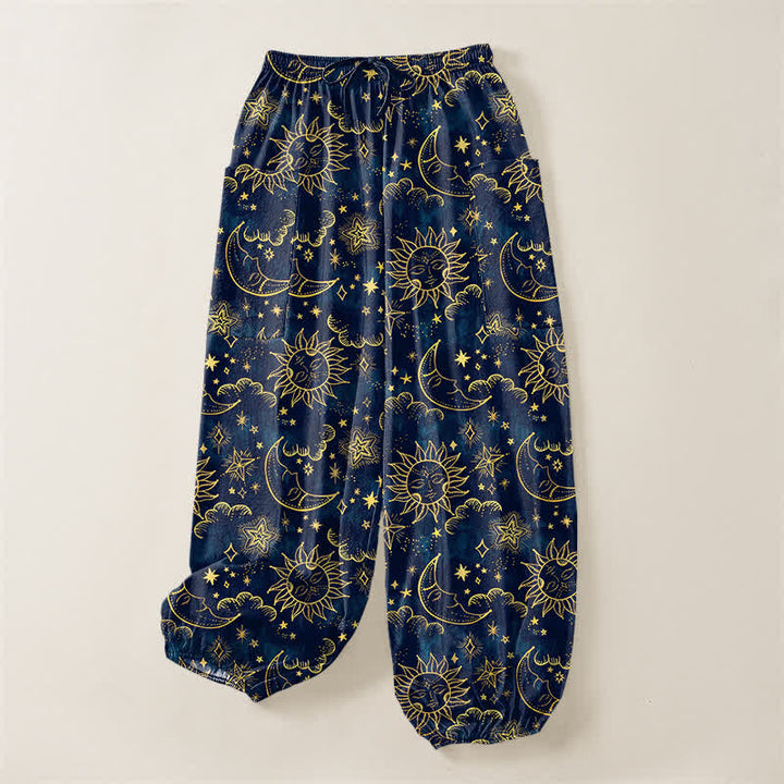 Buddha Stones Cotton Celestial Sun Moon Star Pattern Women's Elastic Waist Harem Pants With Side Pockets - image 3