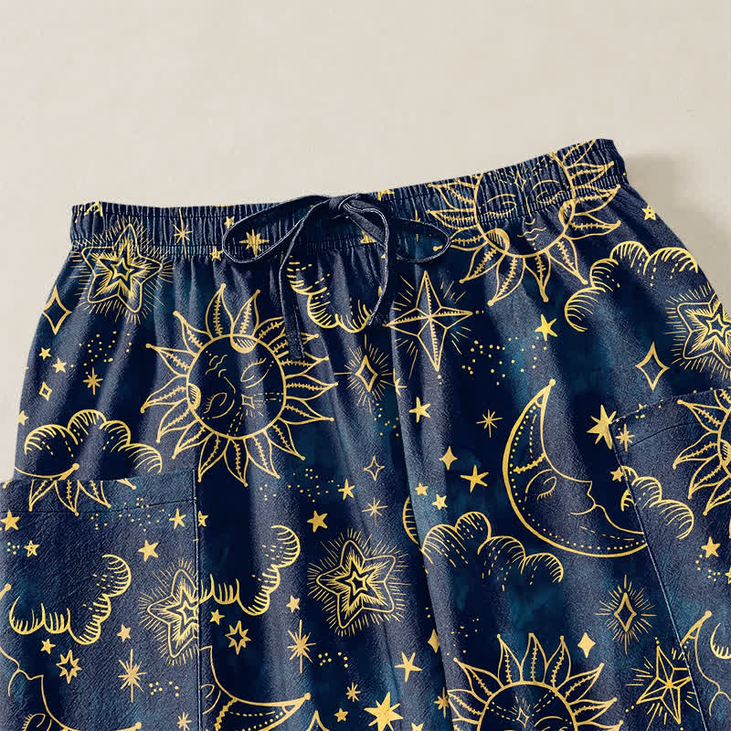 Buddha Stones Cotton Celestial Sun Moon Star Pattern Women's Elastic Waist Harem Pants With Side Pockets - image 5