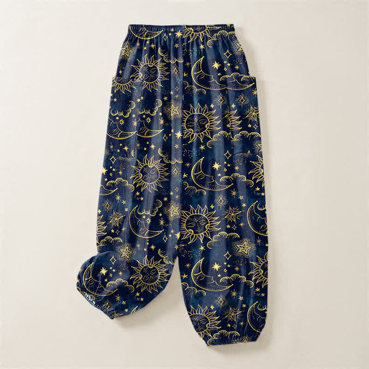 Buddha Stones Cotton Celestial Sun Moon Star Pattern Women's Elastic Waist Harem Pants With Side Pockets - image 4