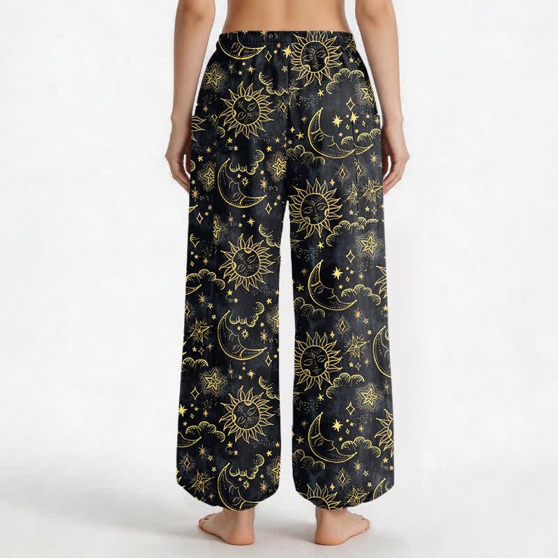 Buddha Stones Cotton Celestial Sun Moon Star Pattern Women's Elastic Waist Harem Pants With Side Pockets - image 9
