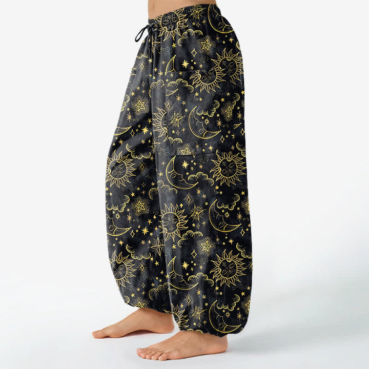 Buddha Stones Cotton Celestial Sun Moon Star Pattern Women's Elastic Waist Harem Pants With Side Pockets - image 8