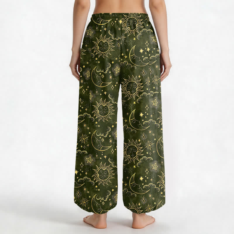 Buddha Stones Cotton Celestial Sun Moon Star Pattern Women's Elastic Waist Harem Pants With Side Pockets - image 12