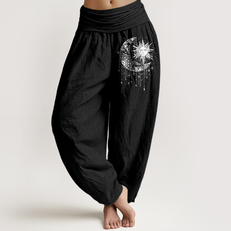 Buddha Stones Pure Cotton Celestial Sun and Moon Pattern Women's Elastic Waist Harem Pants - Black - US16，UK/AU20，EU48 (3XL) - image 0