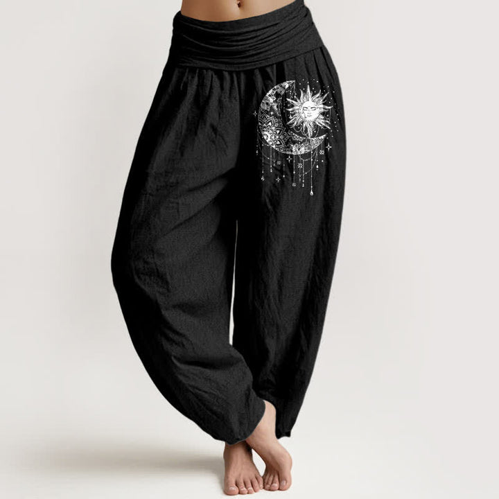 Buddha Stones Pure Cotton Celestial Sun and Moon Pattern Women's Elastic Waist Harem Pants - Black - US16，UK/AU20，EU48 (3XL) - image 0