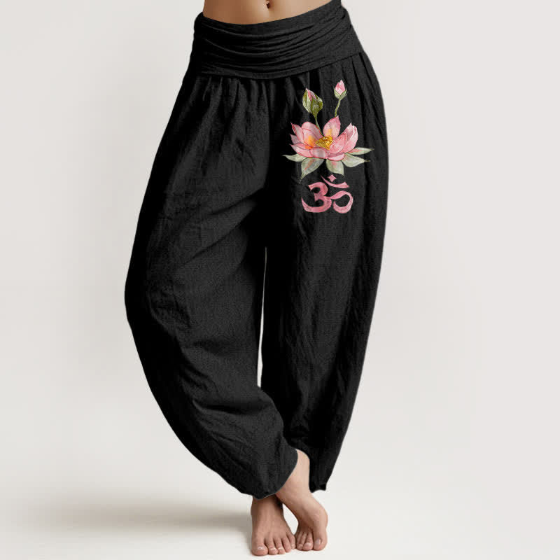 Buddha Stones Pure Cotton Pink Lotus Om Pattern Women's Elastic Waist Harem Pants - Black - US16，UK/AU20，EU48 (3XL) - image 0