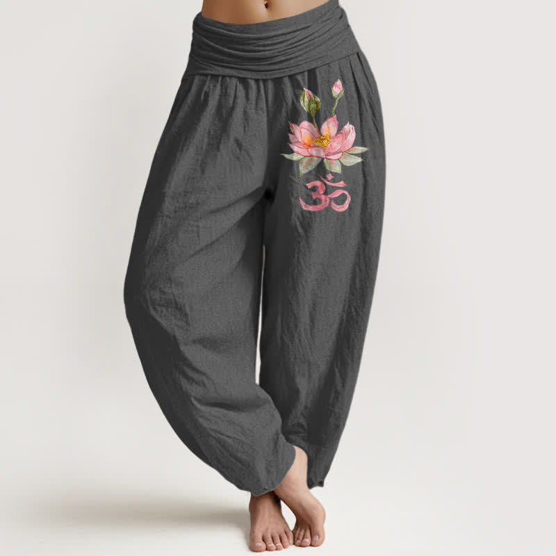 Buddha Stones Pure Cotton Pink Lotus Om Pattern Women's Elastic Waist Harem Pants - DimGray - US16，UK/AU20，EU48 (3XL) - image 8