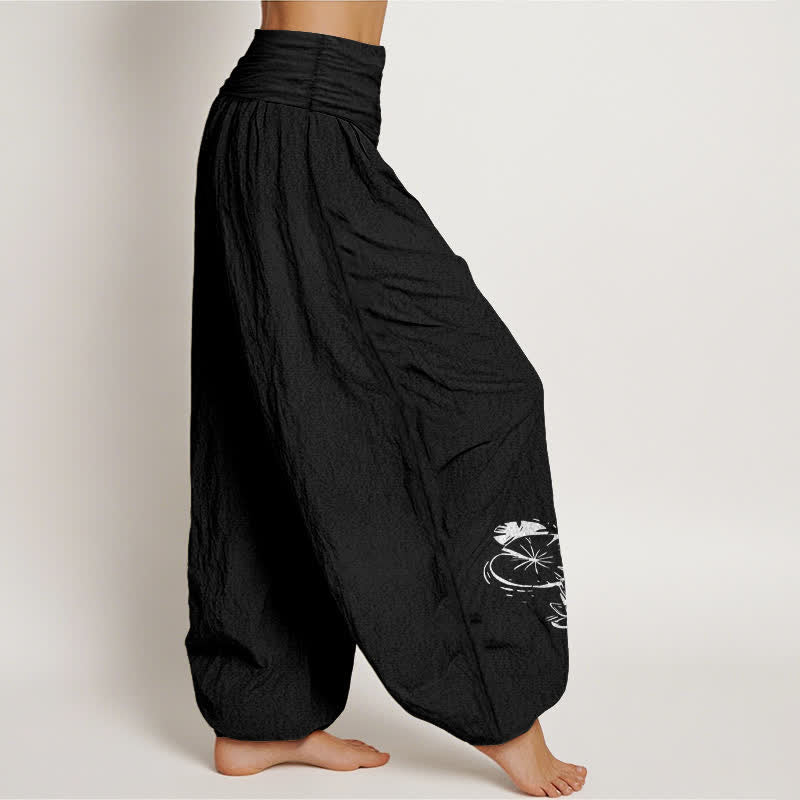 Buddha Stones Pure Cotton Koi Lotus Pattern Women's Elastic Waist Harem Pants - image 1