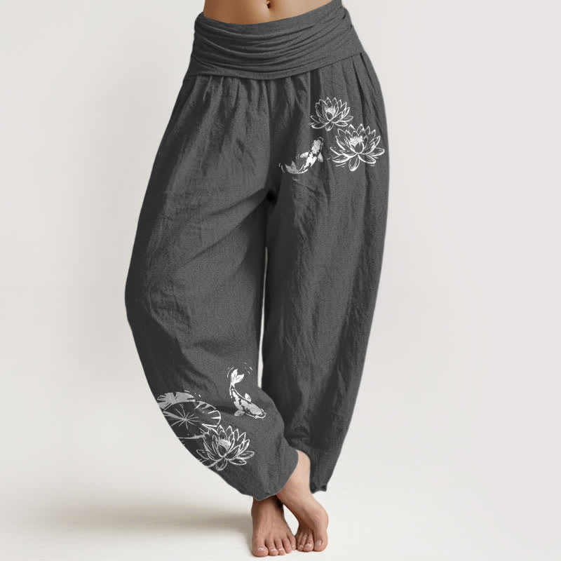 Buddha Stones Pure Cotton Koi Lotus Pattern Women's Elastic Waist Harem Pants - DimGray - US16，UK/AU20，EU48 (3XL) - image 5