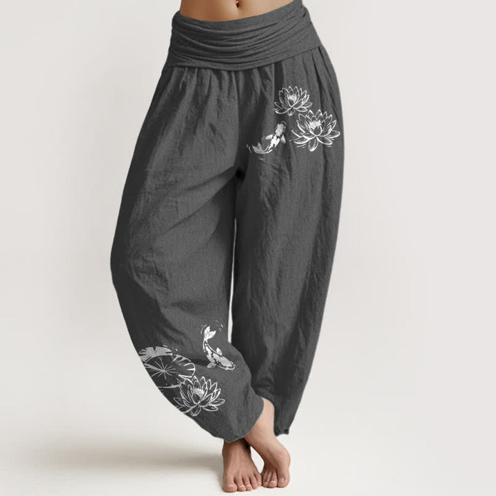 Buddha Stones Pure Cotton Koi Lotus Pattern Women's Elastic Waist Harem Pants - DimGray - US16，UK/AU20，EU48 (3XL) - image 5