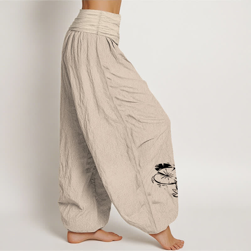 Buddha Stones Pure Cotton Koi Lotus Pattern Women's Elastic Waist Harem Pants - image 9