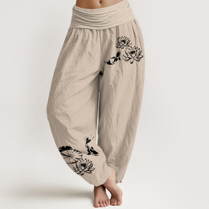 Buddha Stones Pure Cotton Koi Lotus Pattern Women's Elastic Waist Harem Pants - Tan - US16，UK/AU20，EU48 (3XL) - image 8