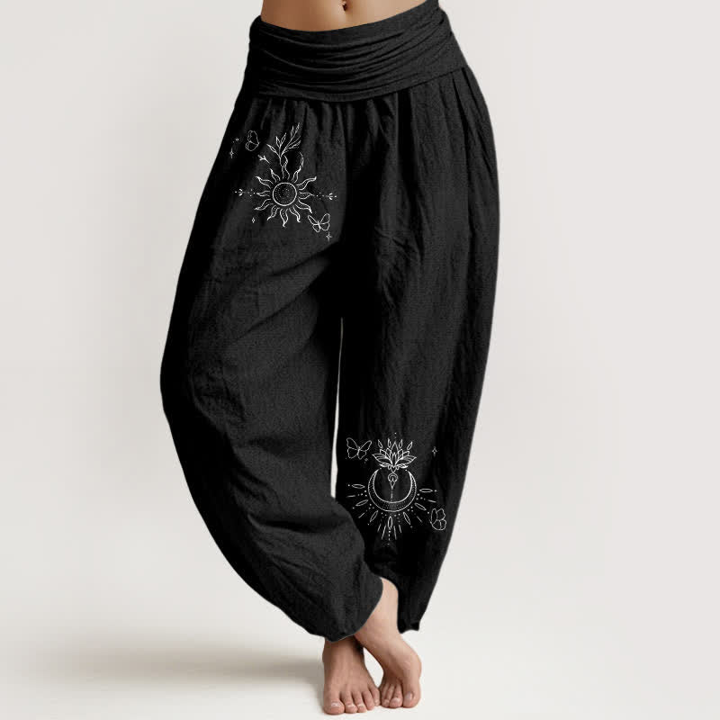 Buddha Stones Pure Cotton Butterfly Sun Lotus Moon Pattern Women's Elastic Waist Harem Pants - Black - US16，UK/AU20，EU48 (3XL) - image 0