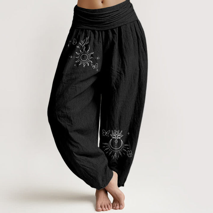 Buddha Stones Pure Cotton Butterfly Sun Lotus Moon Pattern Women's Elastic Waist Harem Pants - Black - US16，UK/AU20，EU48 (3XL) - image 0