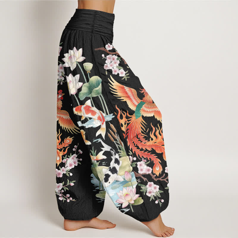 Buddha Stones Cotton Phoenix Koi Lotus Pattern Women's Elastic Waist Harem Pants - image 1