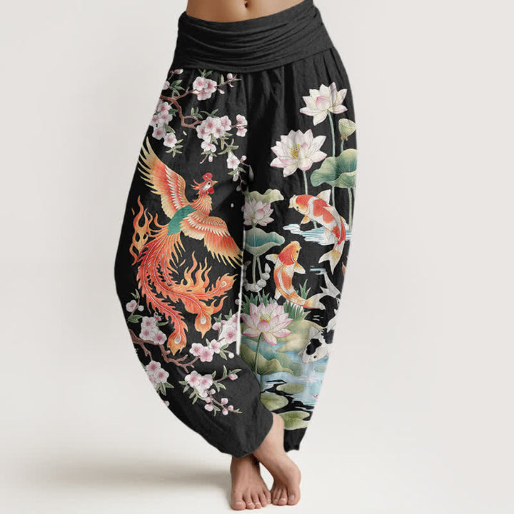 Buddha Stones Cotton Phoenix Koi Lotus Pattern Women's Elastic Waist Harem Pants - Black - US16，UK/AU20，EU48 (3XL) - image 0