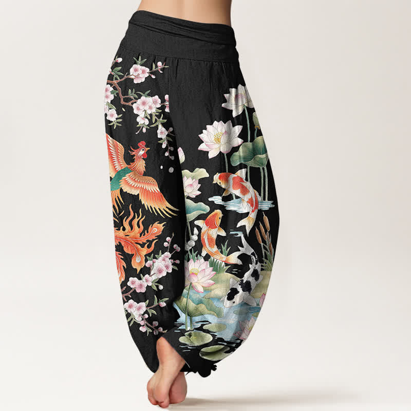 Buddha Stones Cotton Phoenix Koi Lotus Pattern Women's Elastic Waist Harem Pants - image 2