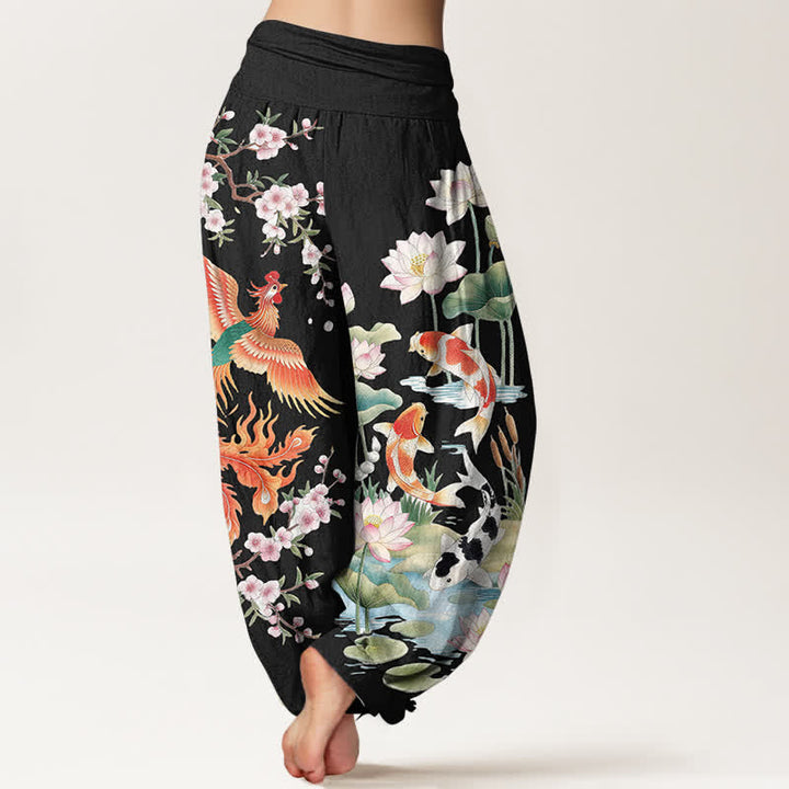 Buddha Stones Cotton Phoenix Koi Lotus Pattern Women's Elastic Waist Harem Pants - image 2
