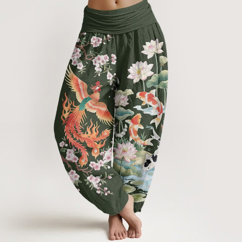 Buddha Stones Cotton Phoenix Koi Lotus Pattern Women's Elastic Waist Harem Pants - DarkOliveGreen - US16，UK/AU20，EU48 (3XL) - image 5