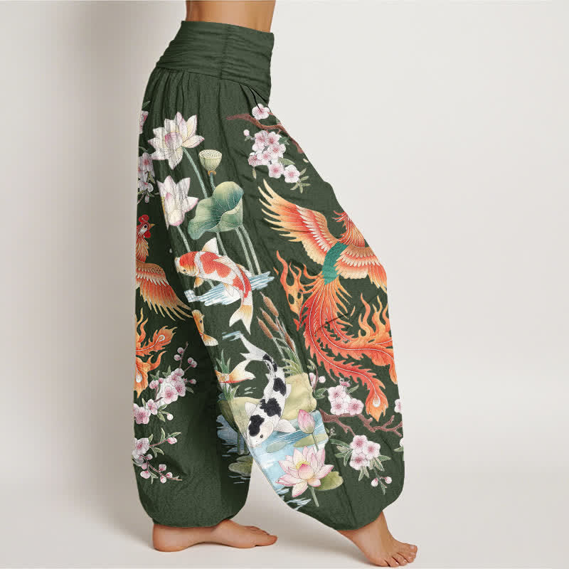 Buddha Stones Cotton Phoenix Koi Lotus Pattern Women's Elastic Waist Harem Pants - image 6