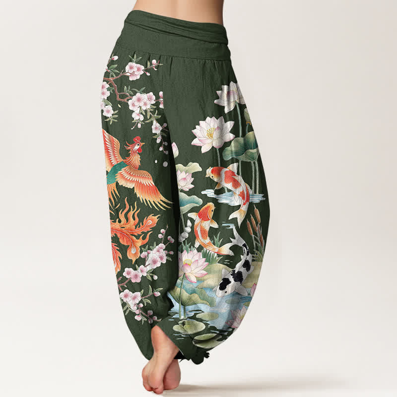 Buddha Stones Cotton Phoenix Koi Lotus Pattern Women's Elastic Waist Harem Pants - image 7