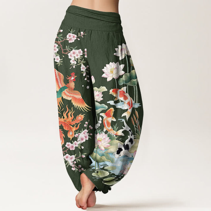 Buddha Stones Cotton Phoenix Koi Lotus Pattern Women's Elastic Waist Harem Pants - image 7