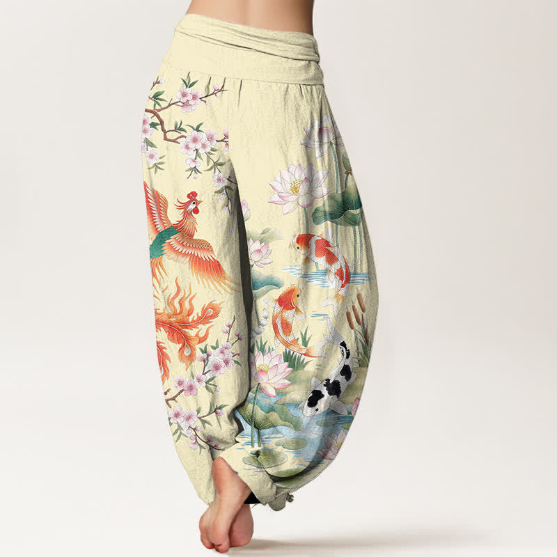 Buddha Stones Cotton Phoenix Koi Lotus Pattern Women's Elastic Waist Harem Pants - image 10
