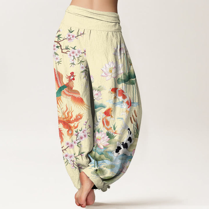 Buddha Stones Cotton Phoenix Koi Lotus Pattern Women's Elastic Waist Harem Pants - image 10