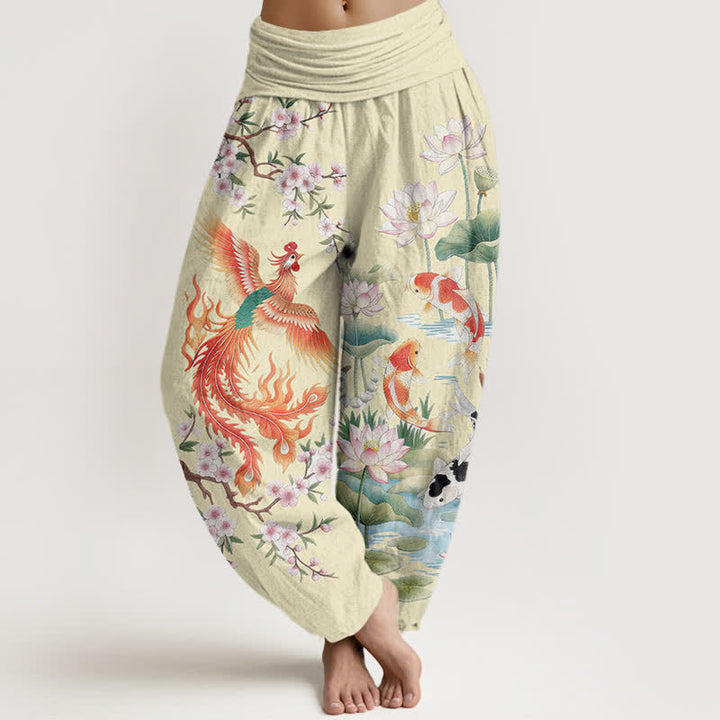 Buddha Stones Cotton Phoenix Koi Lotus Pattern Women's Elastic Waist Harem Pants - LightGoldenrodYellow - US16，UK/AU20，EU48 (3XL) - image 8
