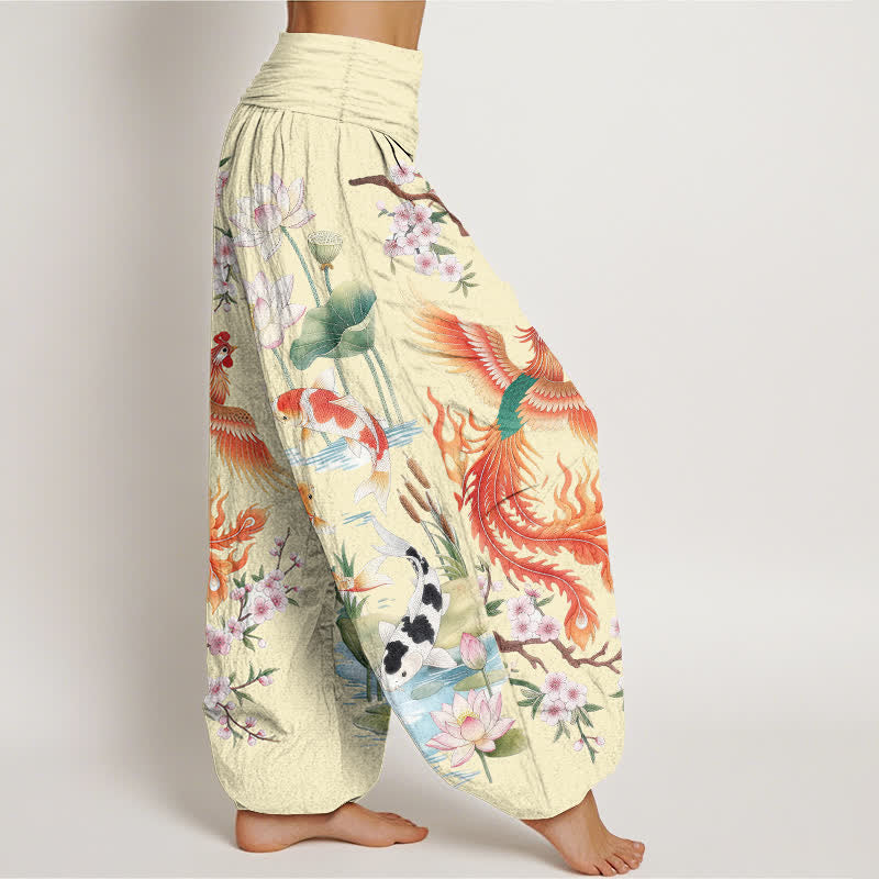 Buddha Stones Cotton Phoenix Koi Lotus Pattern Women's Elastic Waist Harem Pants - image 9