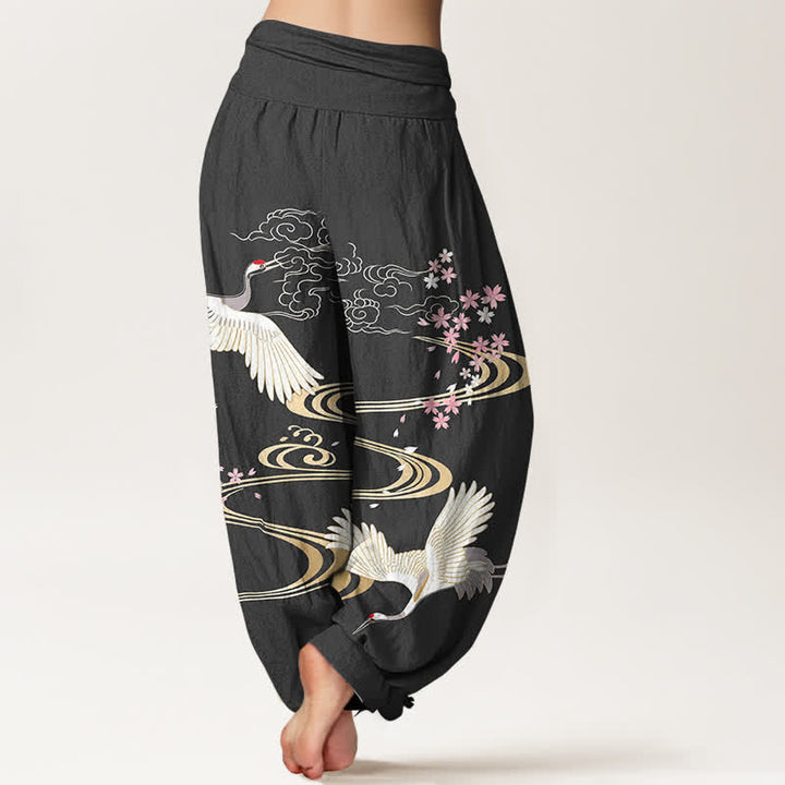 Buddha Stones Cotton Crane Sakura Pattern Women's Elastic Waist Harem Pants - image 2