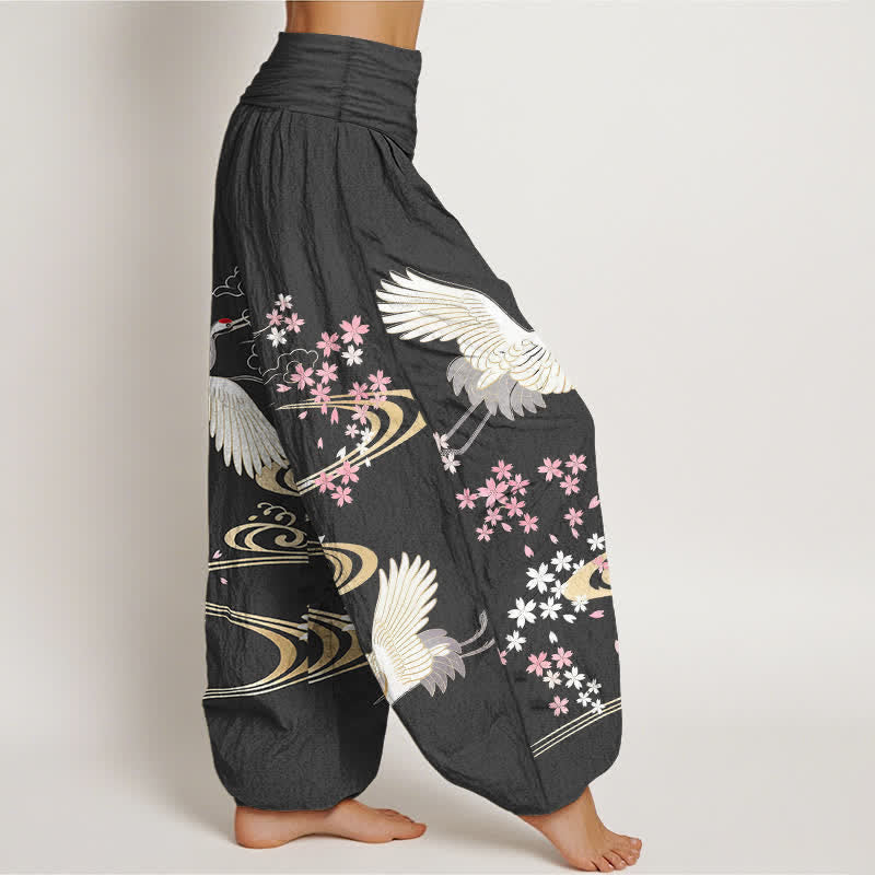 Buddha Stones Cotton Crane Sakura Pattern Women's Elastic Waist Harem Pants - image 1