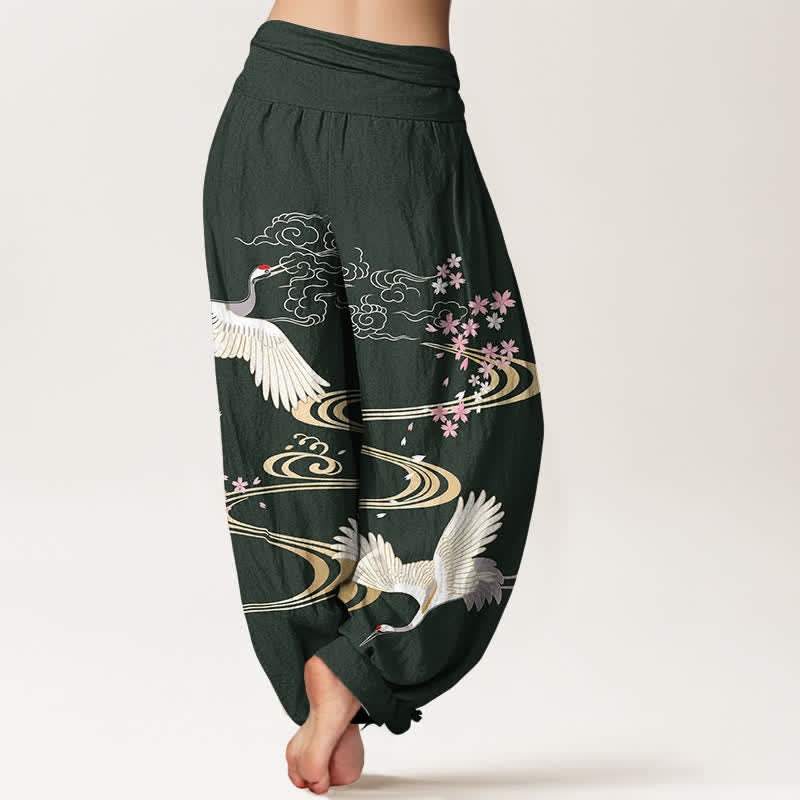 Buddha Stones Cotton Crane Sakura Pattern Women's Elastic Waist Harem Pants - image 7
